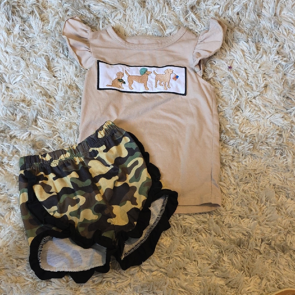 Beige Flutter Sleeve Top with Camo Ruffle Shorts Set